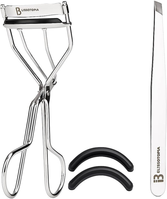 Eyelash Curlers and Tweezers for Every Eye Shape"" 2 in 1 Eyelash Curler and Tweezer Set for Instant Beauty"" Travel-Friendly and Easy to use, Silver