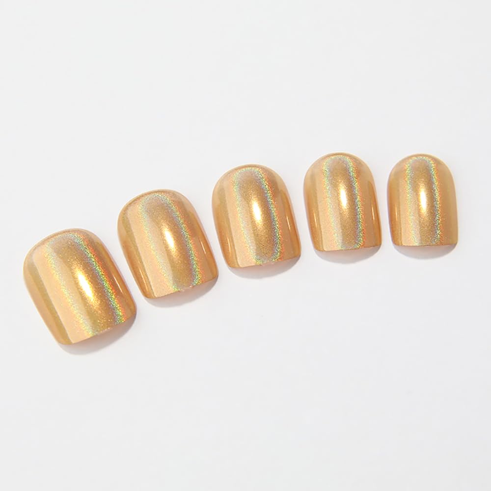 Gold Holographic Press On Nails, Short Chrome Glue On Nails for Women, Metallic Golden Fake Nails with Iridescent Glow, Press On Nails Short Square Shape, Color-Shifting Aurora Effect, 24 Pcs