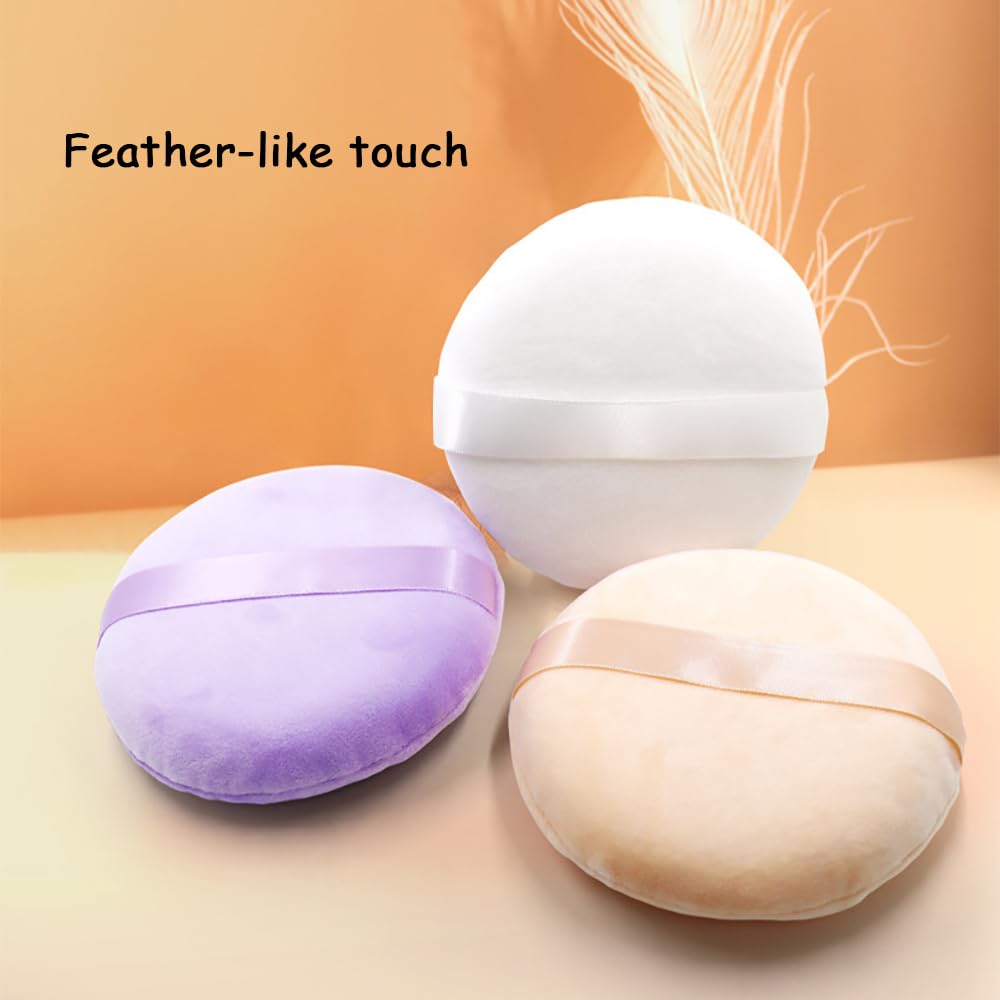 2 Pack Extra Large 5.2" Beige & Purple Powder Puffs and 5.3" Glass Container – Oversized Soft Body & Face Large Powder Puff Dusting Powder Jar Holder Case(Multi-Color Glass)