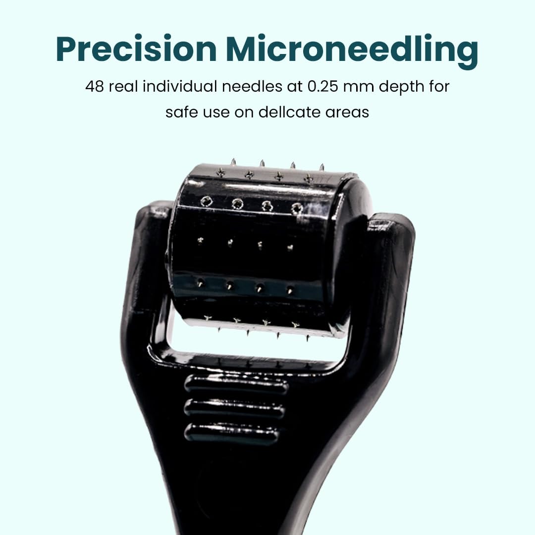 Gin Amber Beauty Mini Derma roller (0.25mm) - 48 Real Individual Needles, Microdermabrasion Device for Skin Care, Serum Absorption with Microneedling, Tool, Hygienic Case (Black Mini 0.25mm)