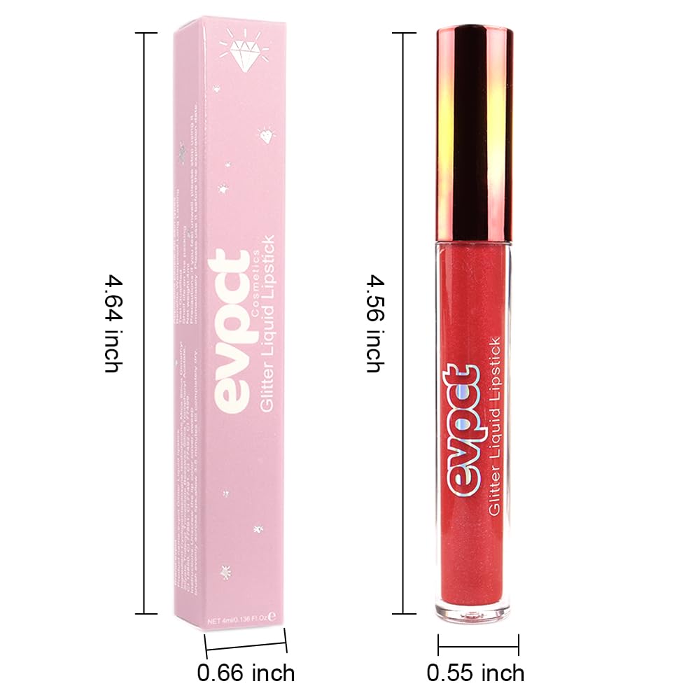 evpct 1Pcs Hot Bright Red Glitter Metallic Shimmer Diamond Lipstick Lip Gloss Stain Set for Women Long Lasting Waterproof, Dark Red Sparkle Glitter Matte long wear Liquid Lipstick Lip Makeup Kit