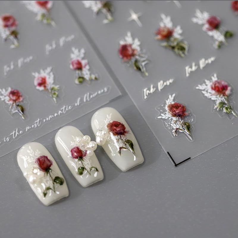 5D Embossed Nails Art Stickers Nail Decals for DIY Nail Art Self-Adhesive Nail Stickers for Nail Art Nail Supplies Accessories for Women Girls Kids (1, Red Rose)