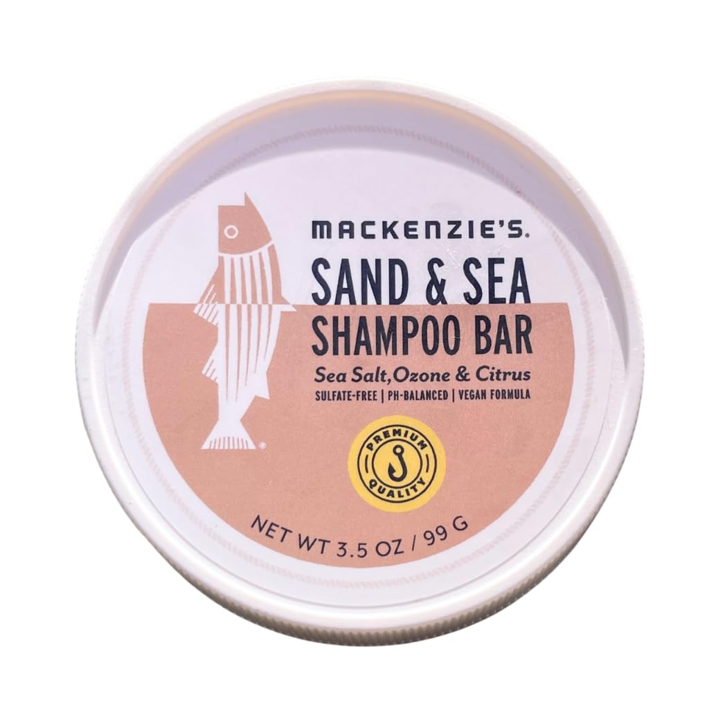 MACKENZIE'S Sand & Sea Shampoo Bar - Gifts for Fishermen - Vegan - Sulfate-Free - Eco Friendly - Zero Waste - Reusable Packaging with Travel Container - 3.5 OZ