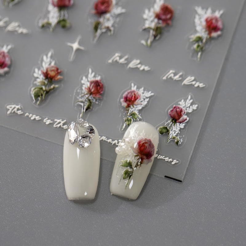 5D Embossed Nails Art Stickers Nail Decals for DIY Nail Art Self-Adhesive Nail Stickers for Nail Art Nail Supplies Accessories for Women Girls Kids (1, Red Rose)