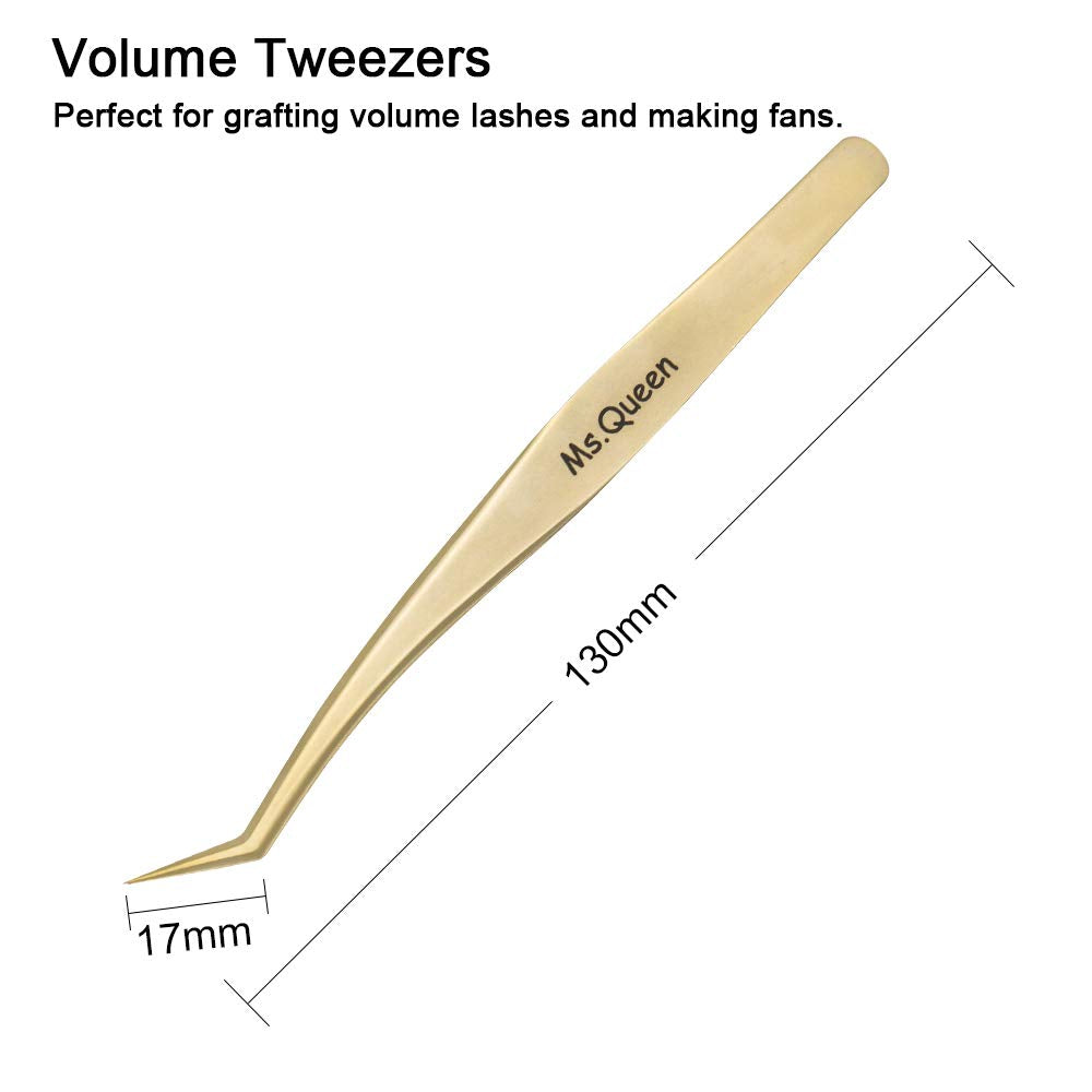 Ms.Queen Eyelash Extension Tweezers Set-Precision Tweezers for 2D-6D Volume&Individual False Lashes Extensions with PU Storage Case-Golden (Volume Tweezers/M003-1)