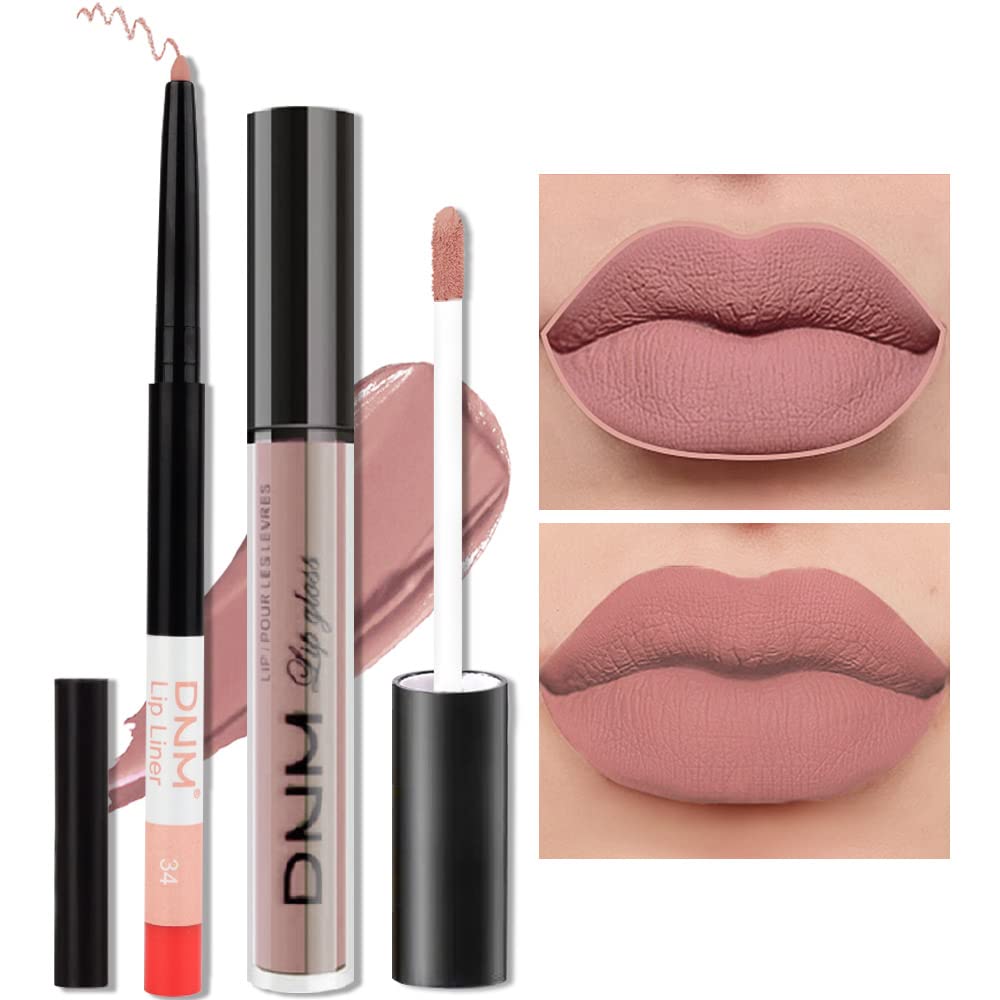 evpct 2Pcs Mauve Nude Neutral Color Lip Liner and Matte Lipstick Makeup Sets Vegan Lipstick Lip Liner and Gloss Set Lip Stain Long Lasting Waterproof 24 34#