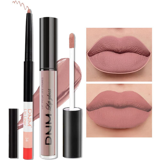 evpct 2Pcs Mauve Nude Neutral Color Lip Liner and Matte Lipstick Makeup Sets Vegan Lipstick Lip Liner and Gloss Set Lip Stain Long Lasting Waterproof 24 34#
