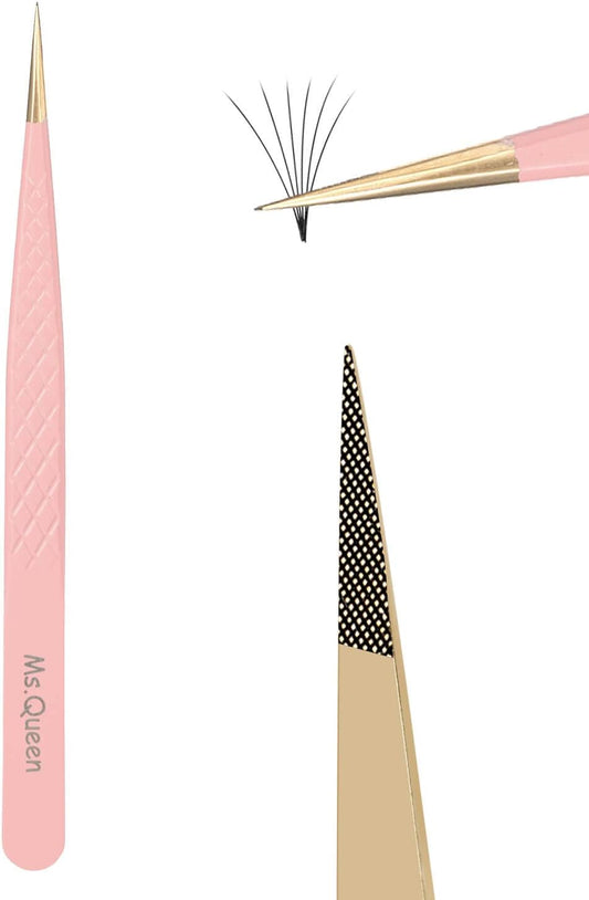 Ms.Queen Straight Tweezers for Eyelash Extensions,Fiber Tip Pointed Isolation Lashing Tweezers