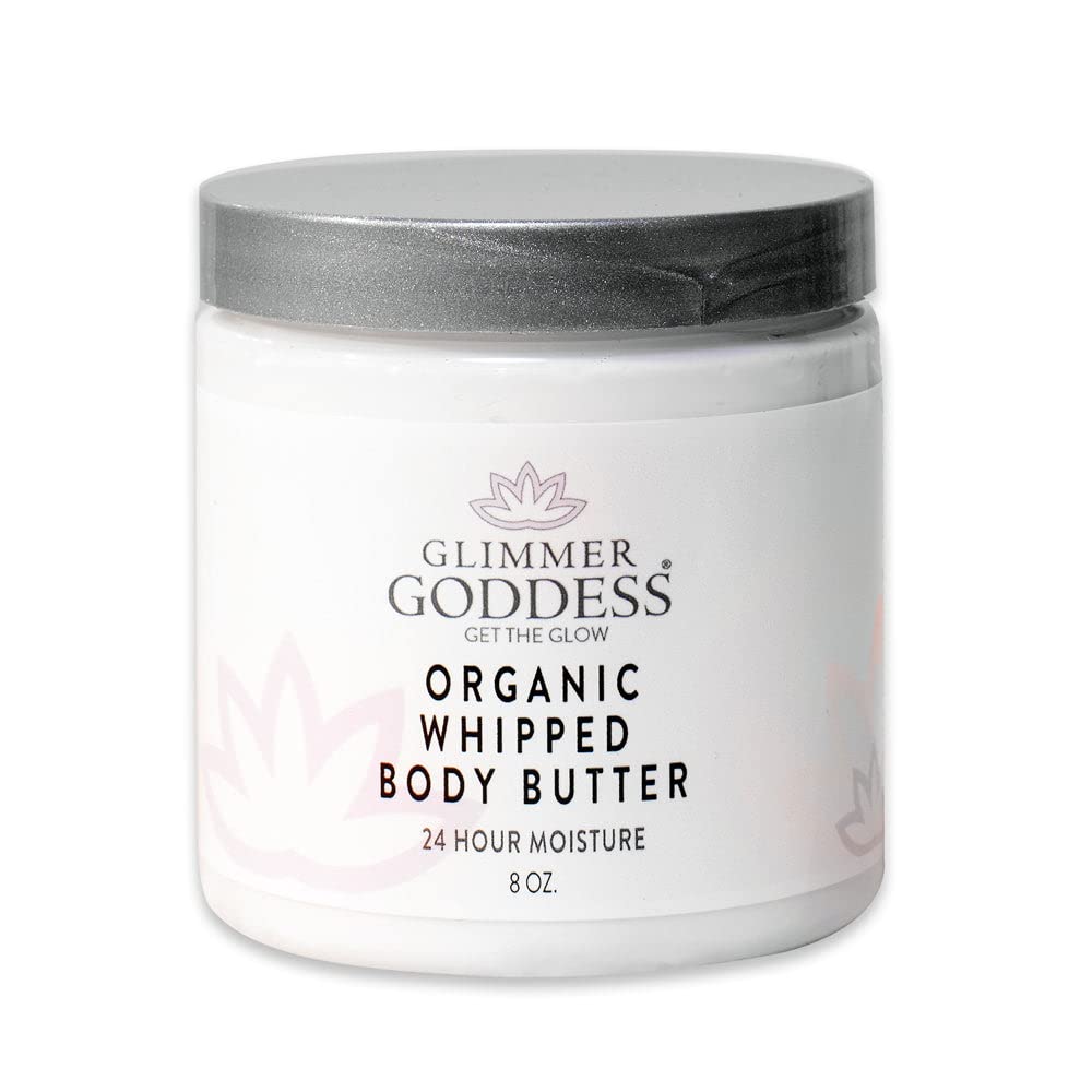 Glimmer Goddess Organic Whipped Body Butter for Women - Moisturizer Cream with Shea & Cocoa Butter, Almonds & Coconut Oil - Lavender, 8oz