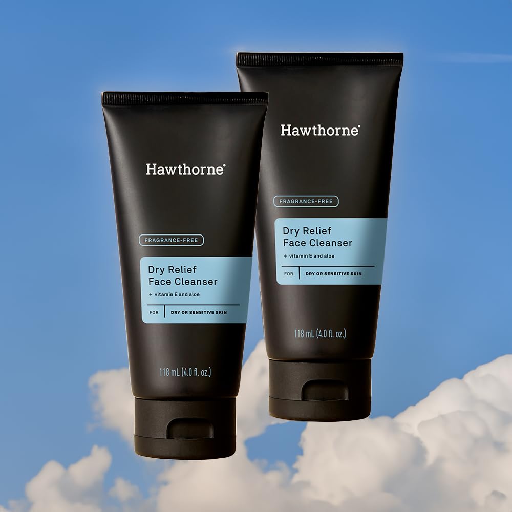 Hawthorne Men's Ultra Moisturizing Dry Relief Face Wash Cleanser For Dry Sensitive Skin. Soothing Vitamin E, Aloe Vera. Fragrance-Free. Natural Ingredients, Vegan, Sulfate Free. 2-Pack, 4 Fl. Oz. Each