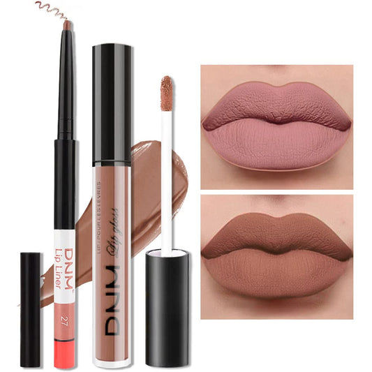 evpct 2Pcs Nude Brown Lip Liner and Matte Lipstick Makeup Sets, Vegan Lipstick Lip Liner and Gloss Stain Set Long Lasting Waterproof labiales mate 24 horas originales matte larga duracion 24 27#