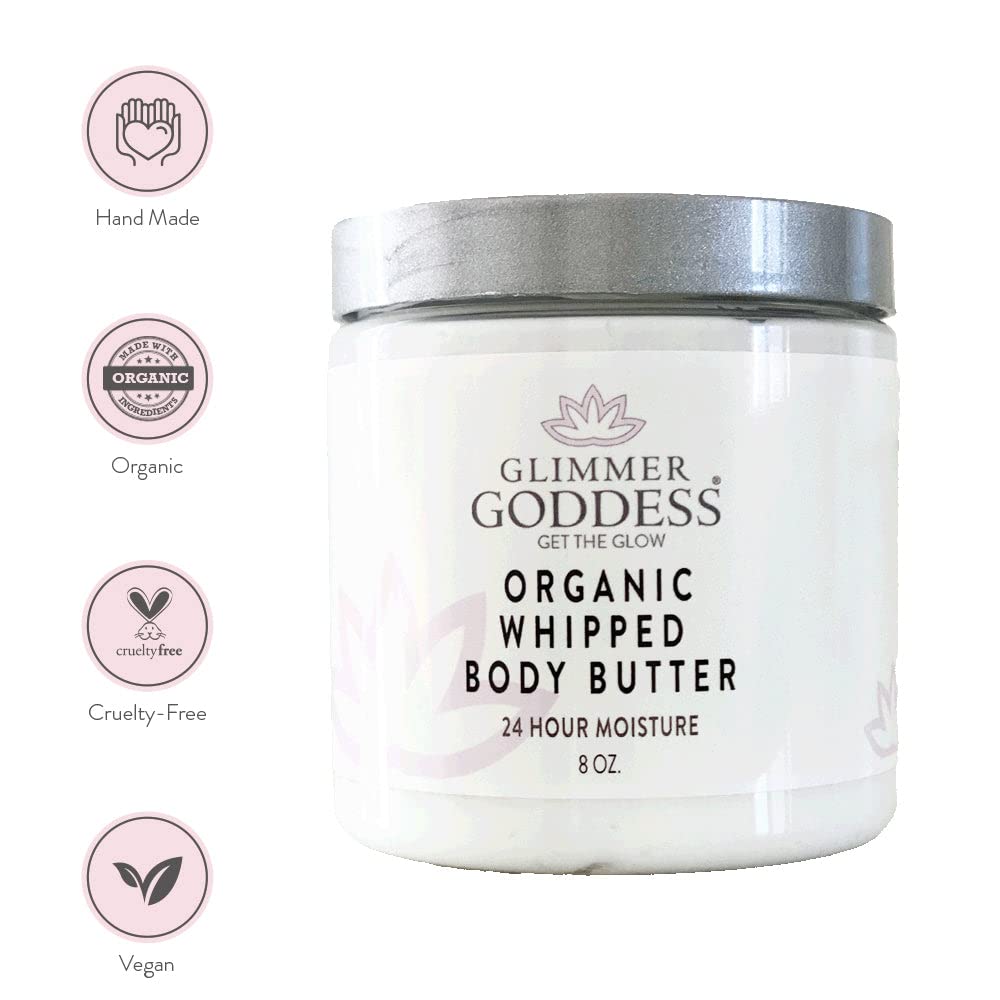 Glimmer Goddess Organic Whipped Body Butter for Women - Moisturizer Cream with Shea & Cocoa Butter, Almonds & Coconut Oil - Jasmine, 8oz