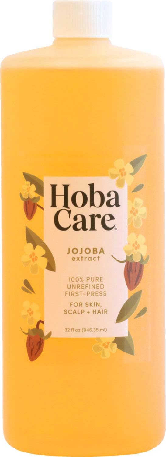 HobaCare Unrefined Jojoba Oil for Skin Care, Hair, Beard Conditioning, Scalp Massage - 100% Pure Carrier Oil for Perfume or Soap Making - Natural, Vegan, Hexane Free, Long Shelf Life (32 oz)