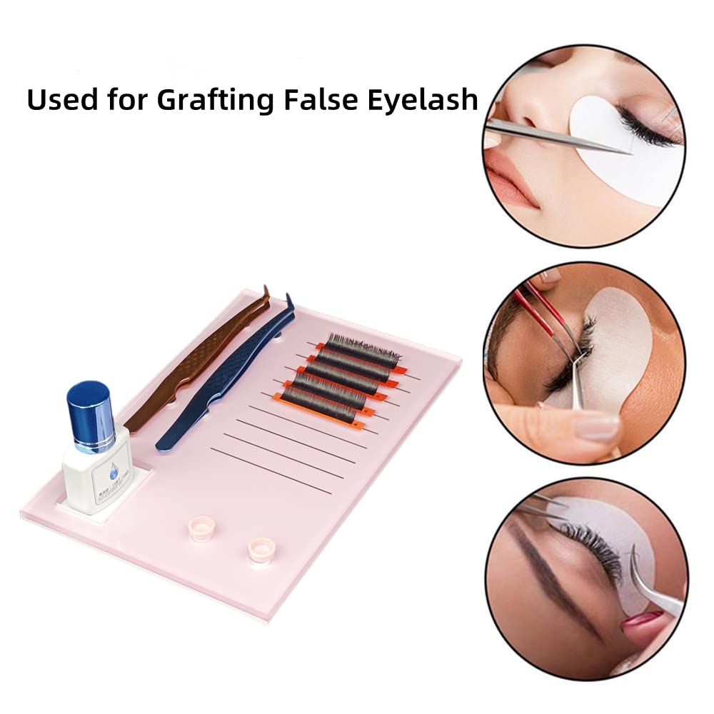 Grafting False Eyelash Acrylic Extension Pallet, Eyelash Extension Glue Tweezers Plate Pad Makeup Palette Individual Training Tools (Pink (7.87x5.12in))