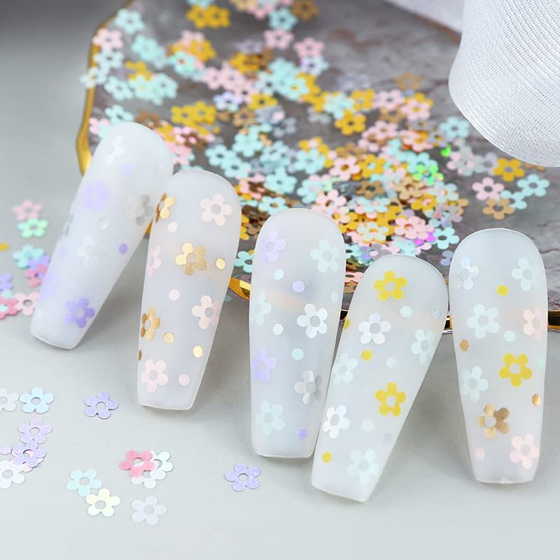 6 Grids Hollow Plum Flower Sequins for Nail，Mixed Colorful Floral Nail Flakes 3D Confetti Flowers Nail Glitter Shiny Flower Nail Flakes Acrylic Nails Supplies for Women Girls Manicure Decorations