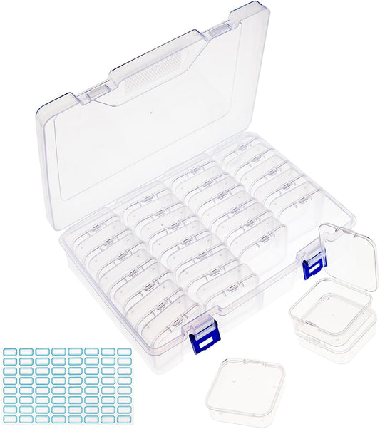 Bead Organizer Box, 28Pcs Clear Small Organizer and 1Pcs Storage Plastic Cases, Mini Clear Bead Storage Containers Flat Boxes for DIY Crafts Jewelry with 1 Sheets Label Stickers