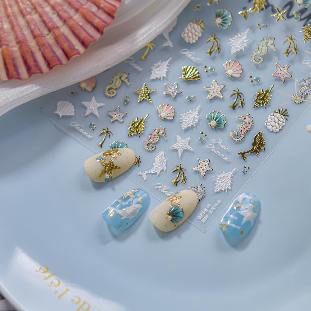 5D Embossed Ocean Nail Stickers Gold Starfish Pineapple Nail Art Stickers 3D Self-Adhesive White Dolphin Nail Designs Laser Pink Shell Summer Nail Art Decoration for Women DIY 1 Sheet