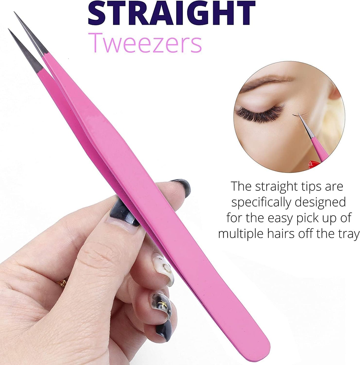 SIVOTE Lash Tweezers & Applicator Tool Set, 2-Pack Precision Tweezers (Straight & Curved Tip, Pink) with Gold Eyelash Applicator Tool for Extensions & False Lash Application