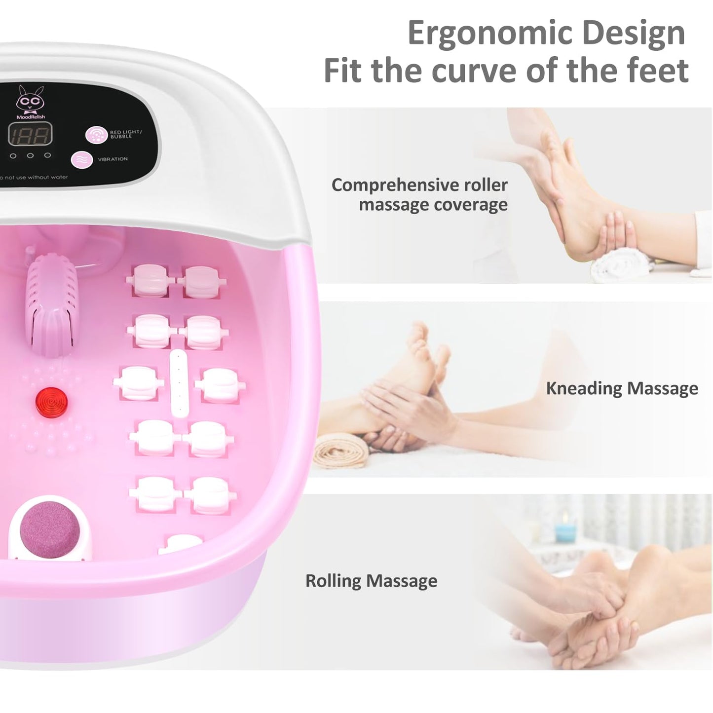 Foot Spa Bath Massager with Heat Bubbles and Vibration Massage and Jets, 16 OZ Calming Lavender Foot Soak Epsom Salt, Foot Soaker with Red Light, 22 Massage Rollers, Adjustable Temp - Pink