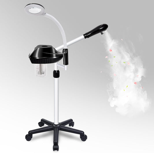 Professional Facial Steamer, 2 in 1 Facial Steamer on Wheels with 5X Magnifying Lamp, Steamer for Face Adjustable Height, Steamer for Facial for Salon, Spa and at Home Use