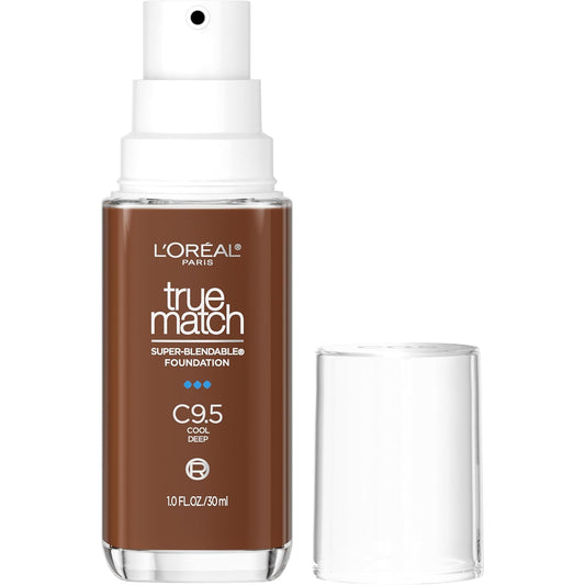 L'Oreal Paris True Match Super-Blendable Foundation, Medium Coverage Liquid Foundation Makeup, C9.5, Deep, 1 Fl Oz