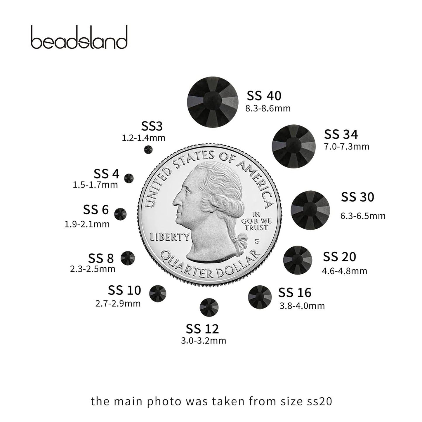 Beadsland Flat Back Crystal Rhinestones Round Gems, Black (1.3-1.4mm) SS3/1440pcs