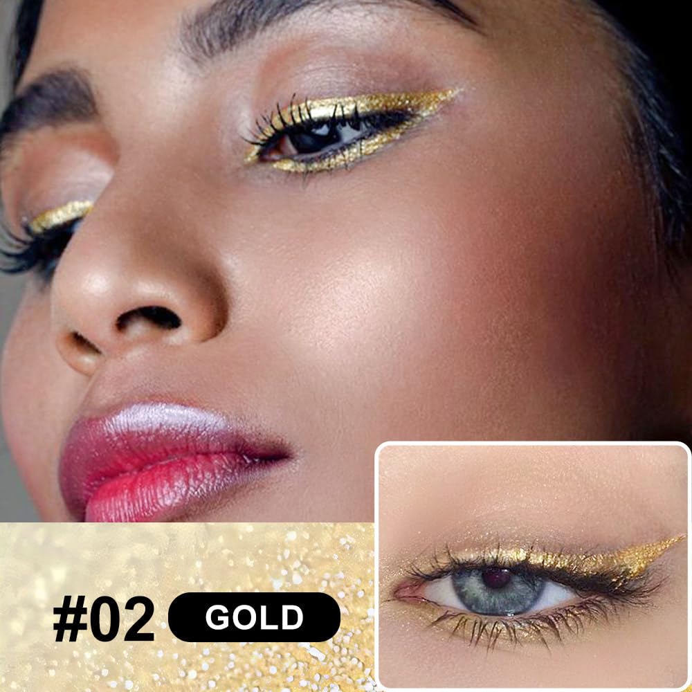 Golden Metallic Glitter Liquid Eyeliner Pen – Long-Lasting Sparkly Waterproof Eyeliner for Women & Men – Tattoo-Effect Eye Makeup for Parties – Delineador Líquido con Brillo 02