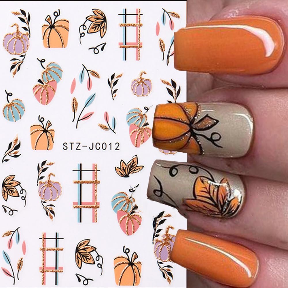Fall Nails Stickers Autumn Leaves Nails Sticker 3D Embossed Maple Leaves Self Adhesive Sticker Nail Decals Glitter Pumpkin Thanksgiving Nail Art Decal Fall Decals for Nail DIY Manicure 4Sheet