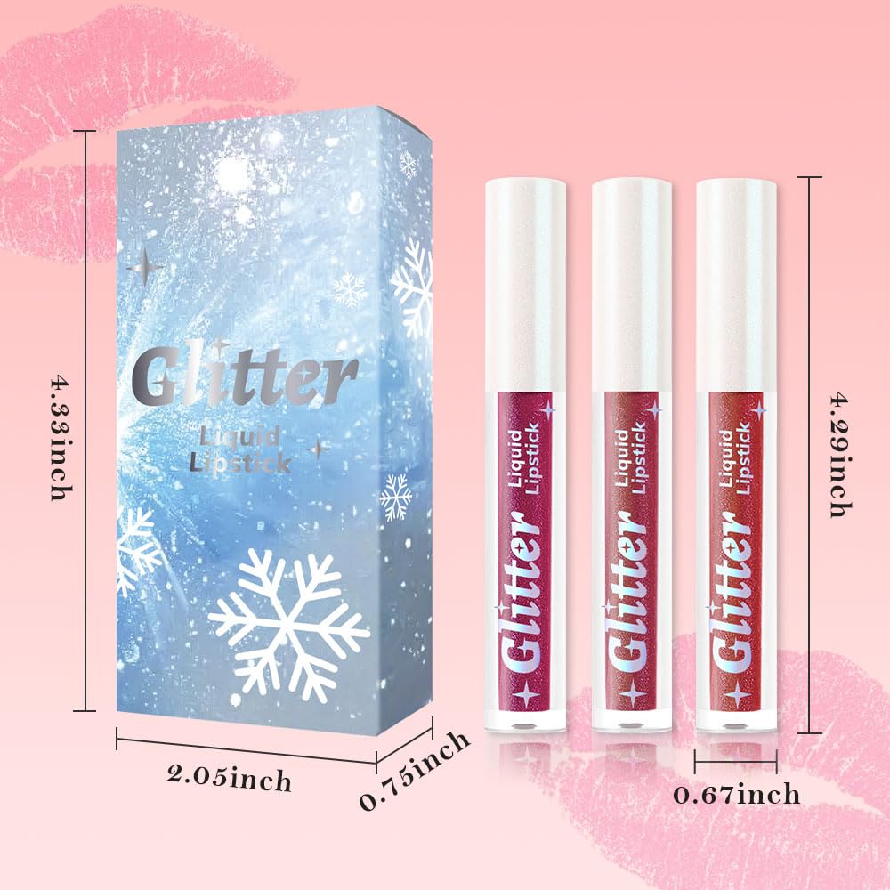 3Pcs Metallic Lipstick for Women,Lightweight Glitter Sparkling Liquid Lipsticks,Shimmer Lip Gloss Stain Long Lasting Waterproof Smudge Proof Non-Drying 24 Hour Full Coverage Lip Makeup,Vegan