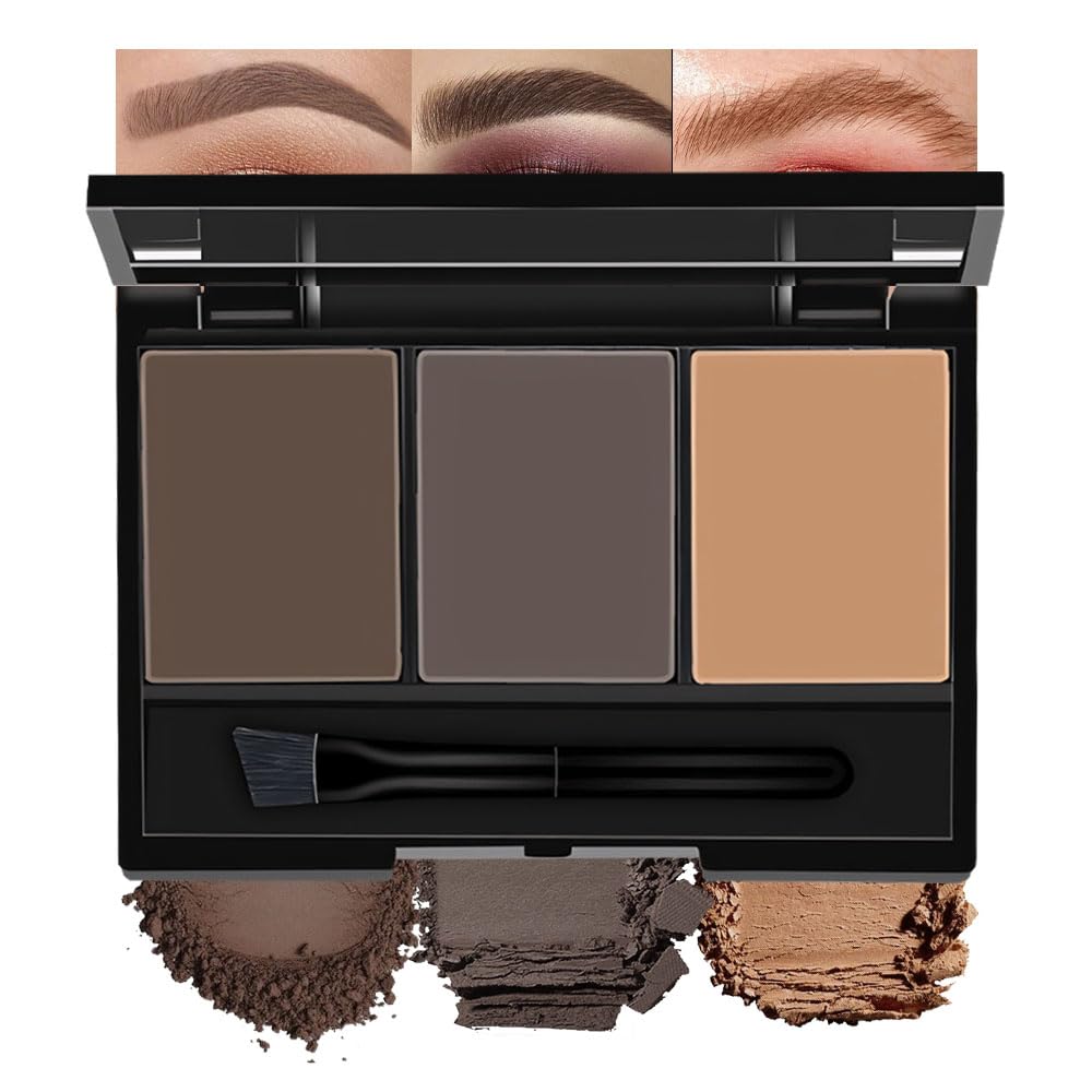 Brow Powder Kit – Long-Lasting 3-Color Brow Filler for Full, Defined Natural Brows, Contour Palette with Double-Ended Brush, sombra para cejas (02)