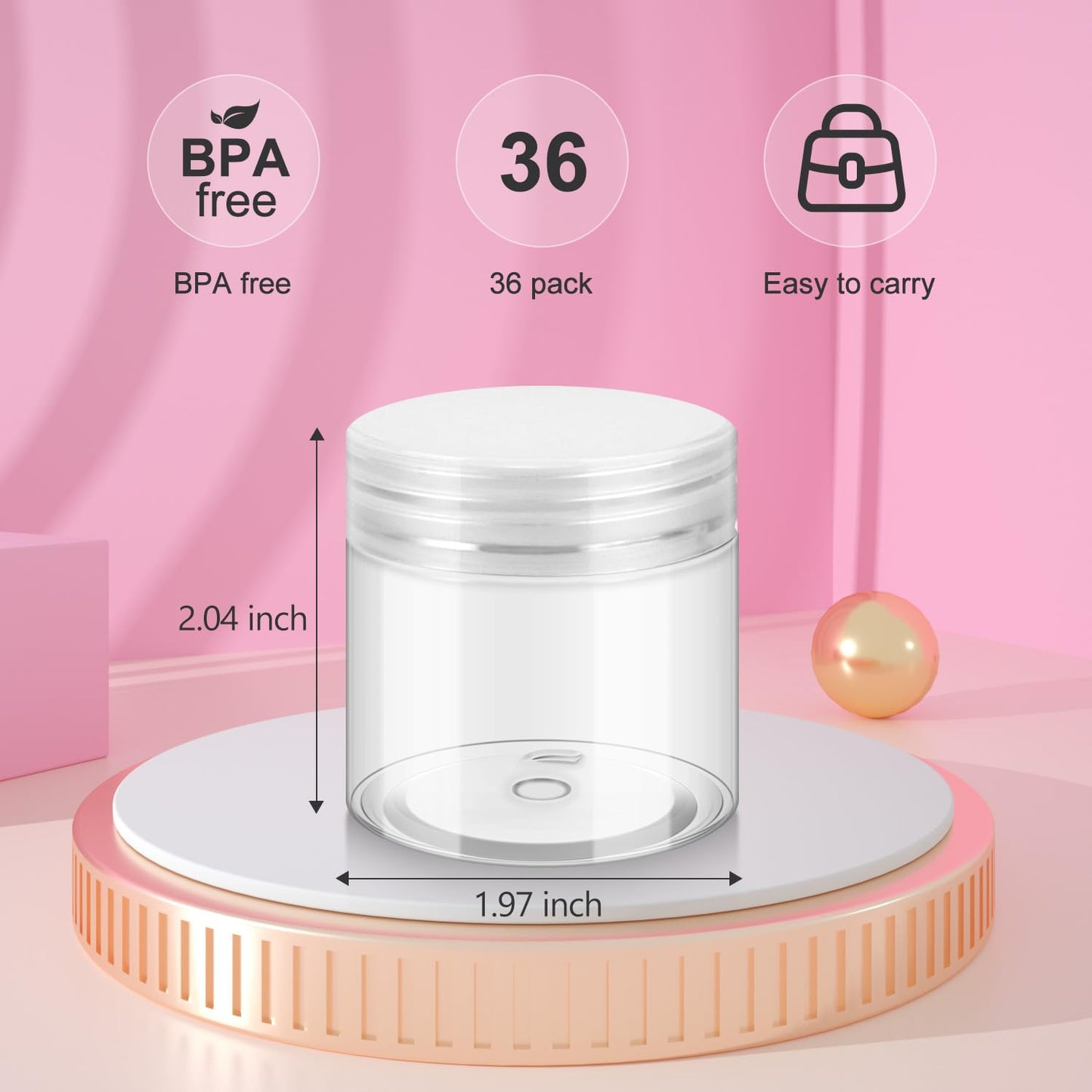 36 Pack 2 OZ Plastic Jars with Lids, BPA Free, Reusable, Refillable Transparent Cosmetic Containers for Bath Salts, Cosmetics, Powders, Beauty Product and Small Accessories - White