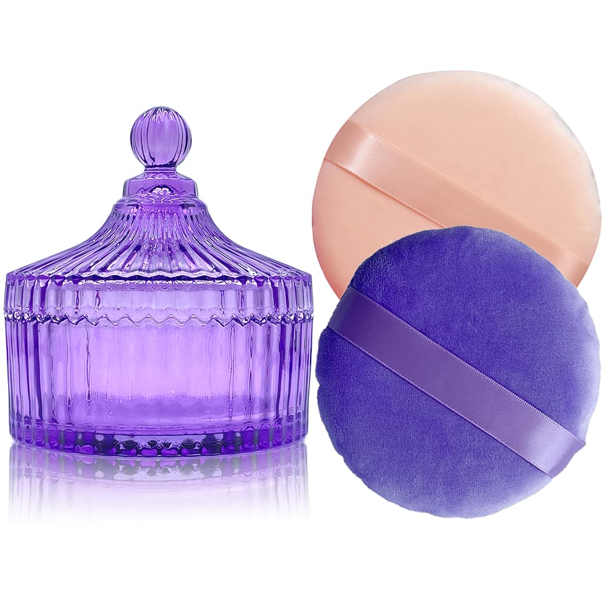 2 Pack Extra Large 5.2" Beige & Purple Powder Puffs and 5.3" Glass Container – Oversized Soft Body & Face Large Powder Puff Dusting Powder Jar Holder Case(Purple Glass)