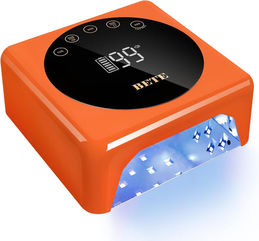 BETE Cordless LED Nail Lamp, 78W Rechargeable UV Nail Light, Intelligent Infrared Sensor and LCD Display Curing Nail Lamp, Portable Nail Dryer Gel Polish Light with 5 Timer Setting Orange