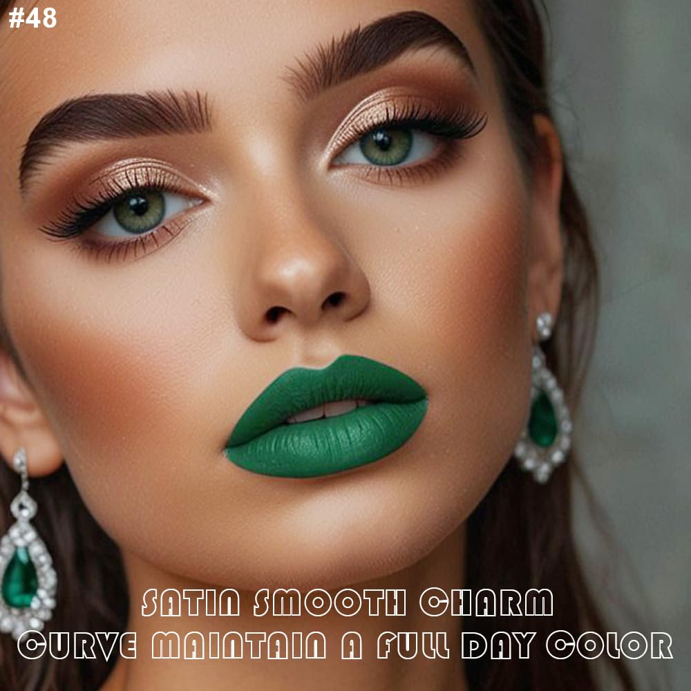 evpct 2Pcs Emerald Forest Green Matte Liquid Lipstick Lip Gloss Stain and Retractable Lip Liner Makeup Set for Women Long Lasting Waterproof 24 Hours Lipstick labial mate larga duracion 24 48#