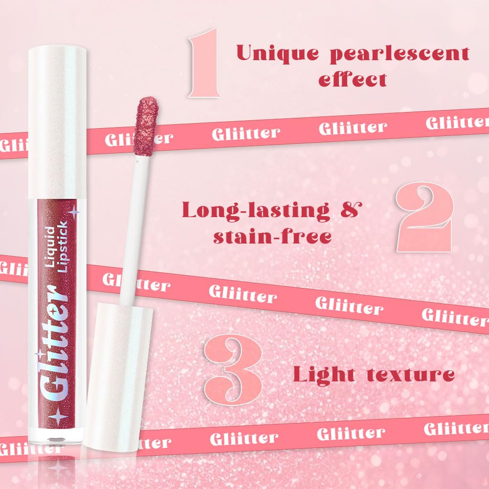 Red Brown Metallic Lipstick for Women,Lightweight Glitter Sparkling Liquid Lipsticks,Shimmer Lip Gloss Stain Long Lasting Waterproof Smudge Proof Non-Drying 24 Hour Full Coverage Lip Makeup,Vegan