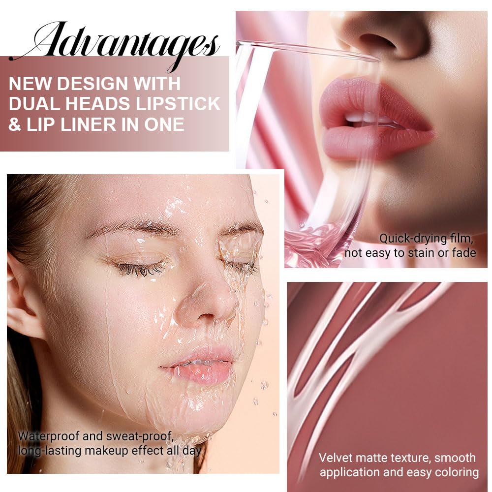 evpct 1Pcs Reddish Brown Matte Lip Liner and Liquid Lipstick Stain Makeup Set for Women, Cranberry Red Long Lasting Smudge Proof Lipstick labiales matte mate larga duracion listip 24 hours originales