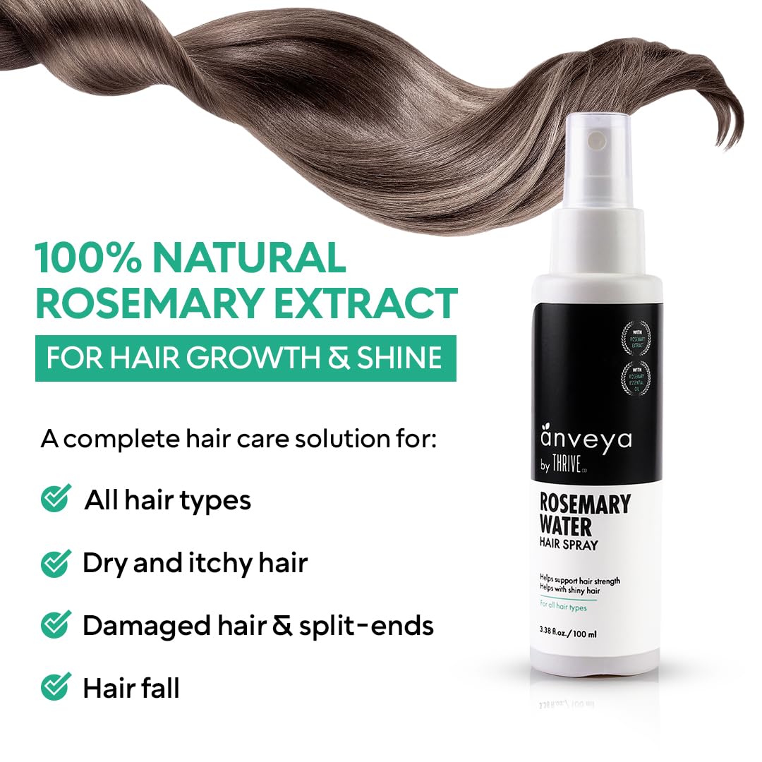 Anveya Rosemary Water Hair Spray | Natural Rose mary Extract, Rice Water & Hyaluronic Acid | Rosemary Water Spray for Hair Growth, Control & Hair Care | Hair Spume to Shine & nourish |100ml