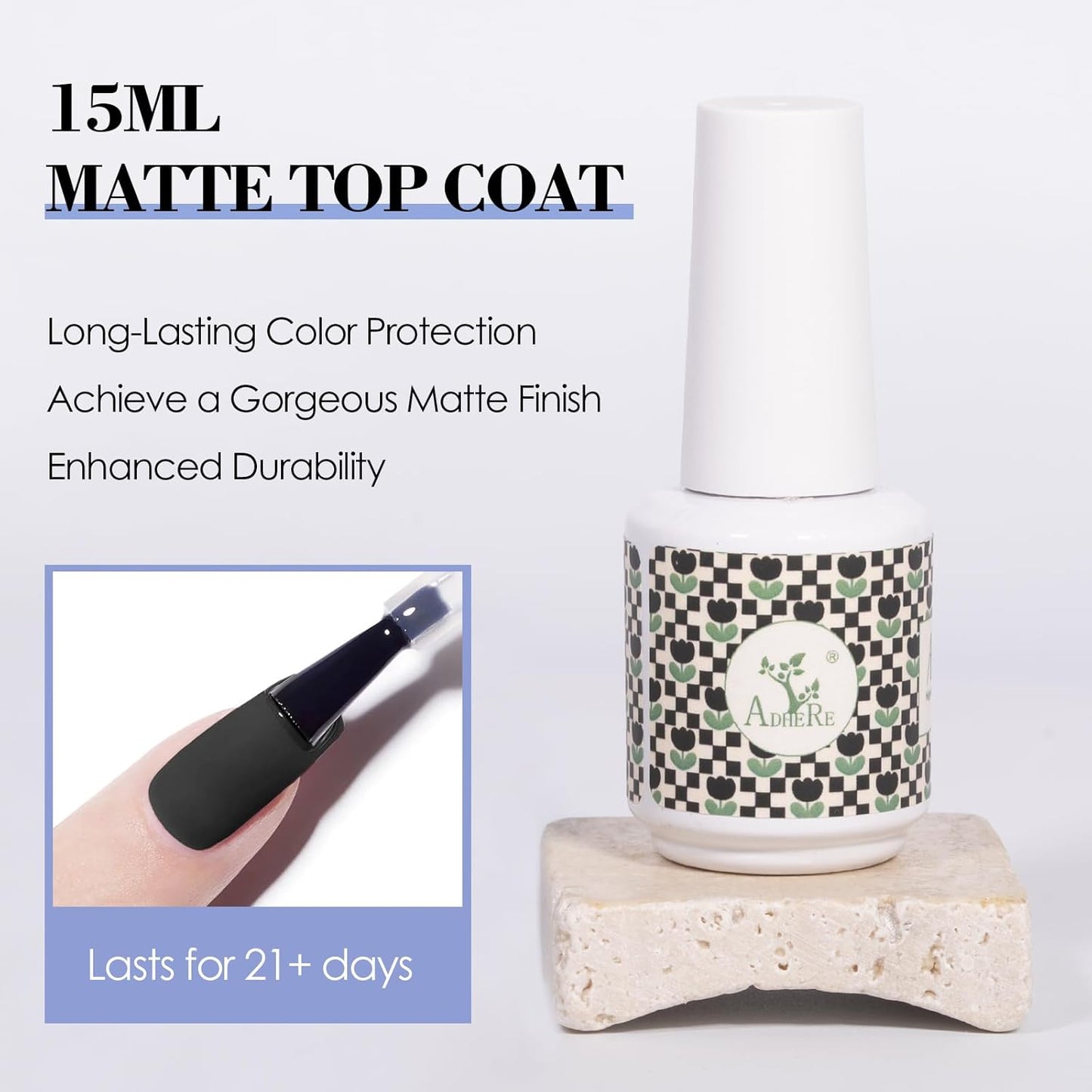 ADHERE Matte Gel Top Coat 15ML,No Wipe Matte Top Coat Soak Off LED Nail Lamp Gel Nail Polish Matte Finish，Long-lasting for Nail Art DIY Home Nail Salon