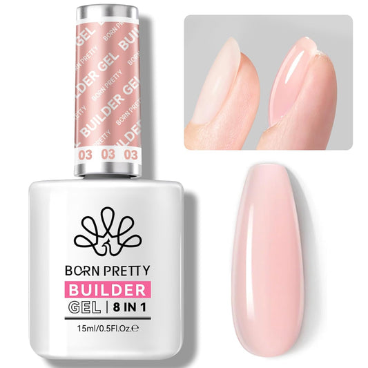BORN PRETTY Builder Gel for Nails, 8-in-1 Extension Gel Strengthener Gel Hard Builder Nail Gel Base Top Gel, Pink Gel Builder Rhinestone Nail Glue Gel in A Bottle Nails 15ML