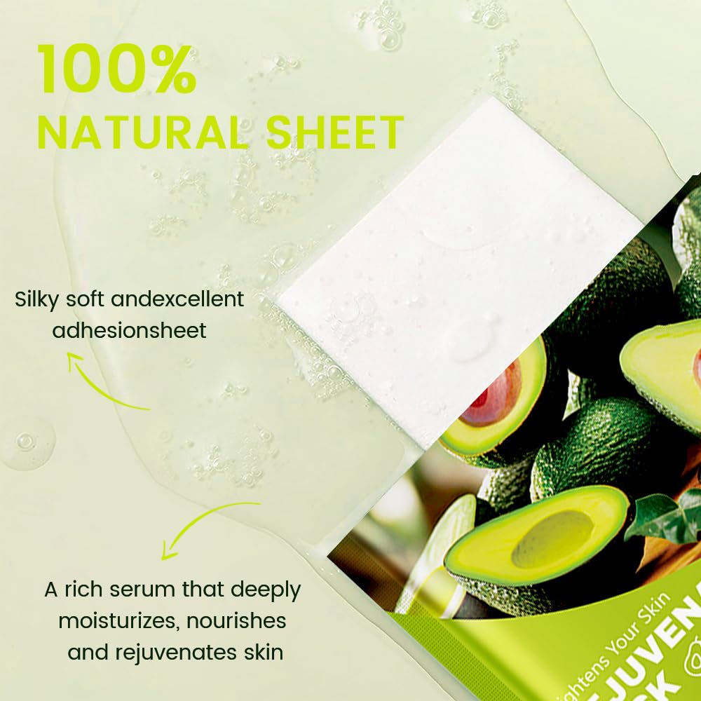 8 Pack Avocado Face Sheet Mask Skincare,Hydrating Face Mask For Sensitive Skin,Moisturize,Soothing,Nourish for All Skin Types,Natural Spa Party Facial Mask Skincare Set for Women Men Girls