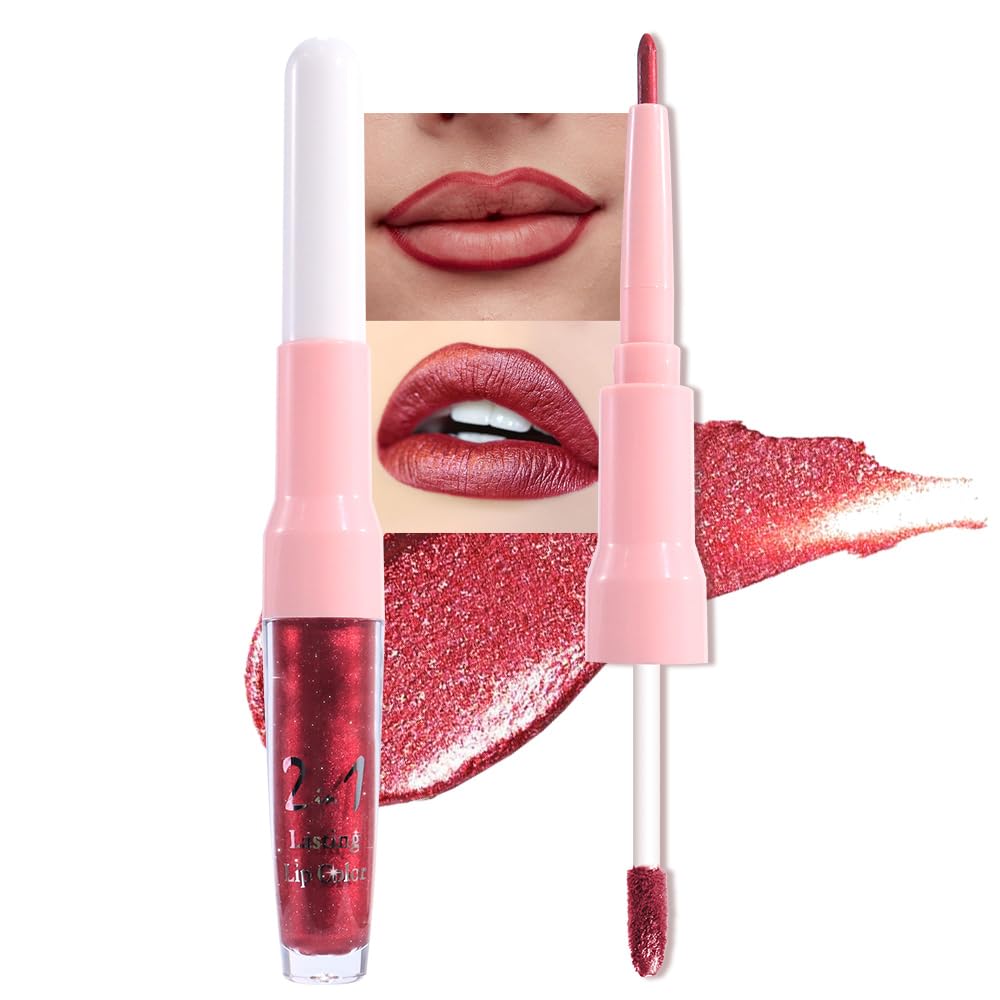 evpct Dark Red Metallic Glitter Lip Liner and Lipstick Combo Lip Gloss Stain Set Makeup for Women Long Lasting Waterproof 24, Wine Red Frosted Metallic Shimmer Glossy Chrome iridescent Liquid Lipstick