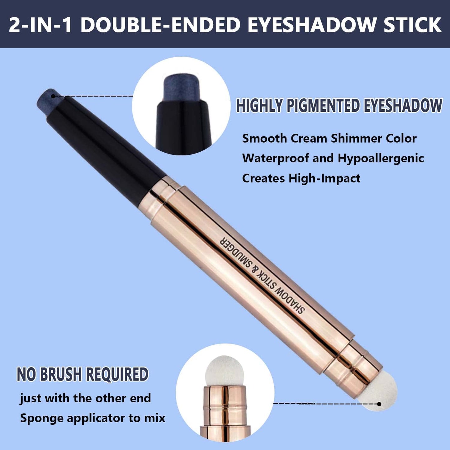 Blue Black Eyeshadow stick and Sponge Makeup Brush, Smooth Cream Shimmer Shadow Pencil Long Lasting Waterproof Eye Shadow Highlighter Stick Makeup , Hypoallergenic Eyeshadow, Highlighter Eye Liner