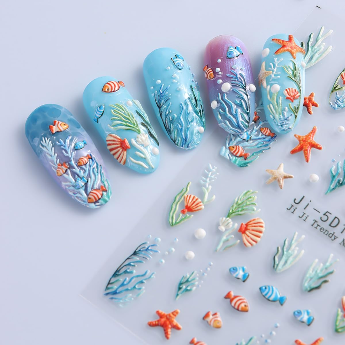5D Embossed Summer Nail Stickers for Nail Art 2 Sheets Beach Starfish Nail Art Stickers Self-Adhesive Jellyfish Shell Starfish Sea Turtle Coconut Tree Designs Ocean Nail Decals for Women Acrylic Nails