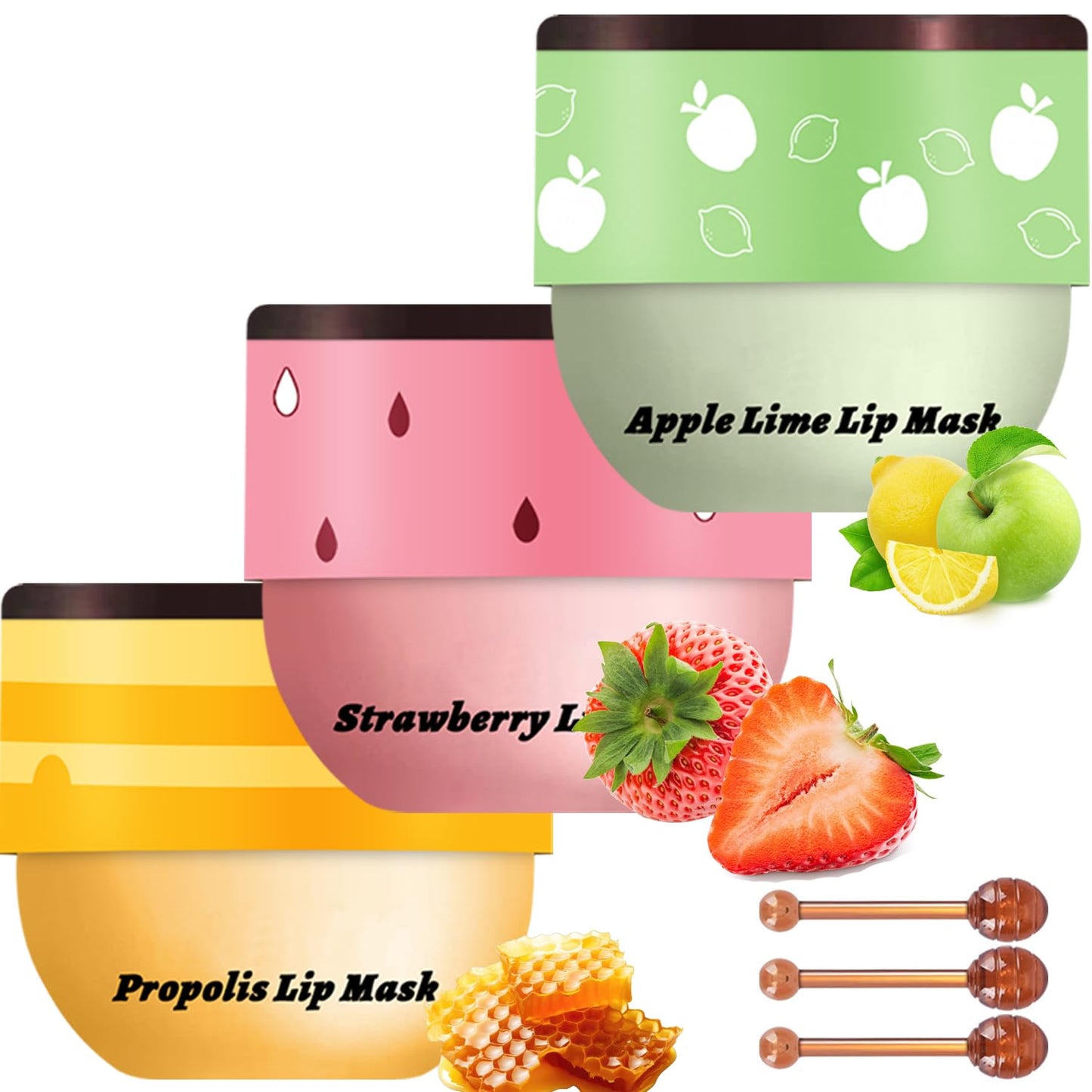 3 PCS Bee Lip Balm Lip Mask Honey Pot, Watermelon & Cherry & Coconut Lip Mask Propolis Moisturizing Lip, Hydrating Prevention Dry and Cracked Lip Scrubs Exfoliator (Honey& Strawberry& Apple Lime)