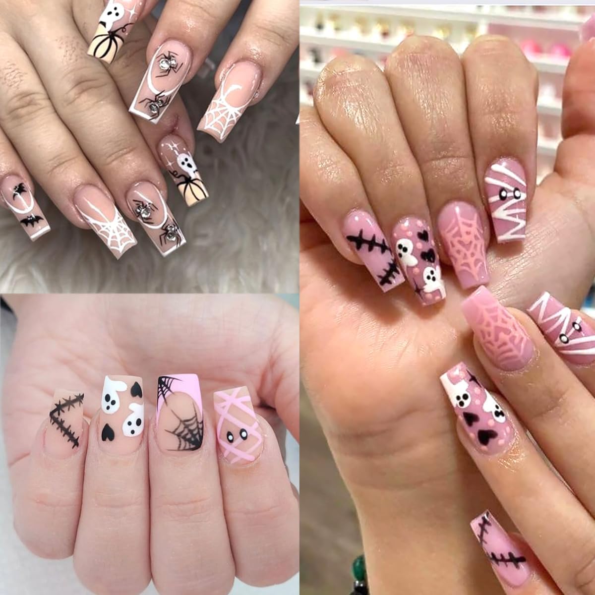 6 Sheets Halloween Cute Ghost Nail Stickers for Nail Art 3D Self-Adhesive Glitter Pumpkin Spider Web French Nail Art Decals Black White Halloween Starlight Nail Decals for Women DIY Manicure Art Kit