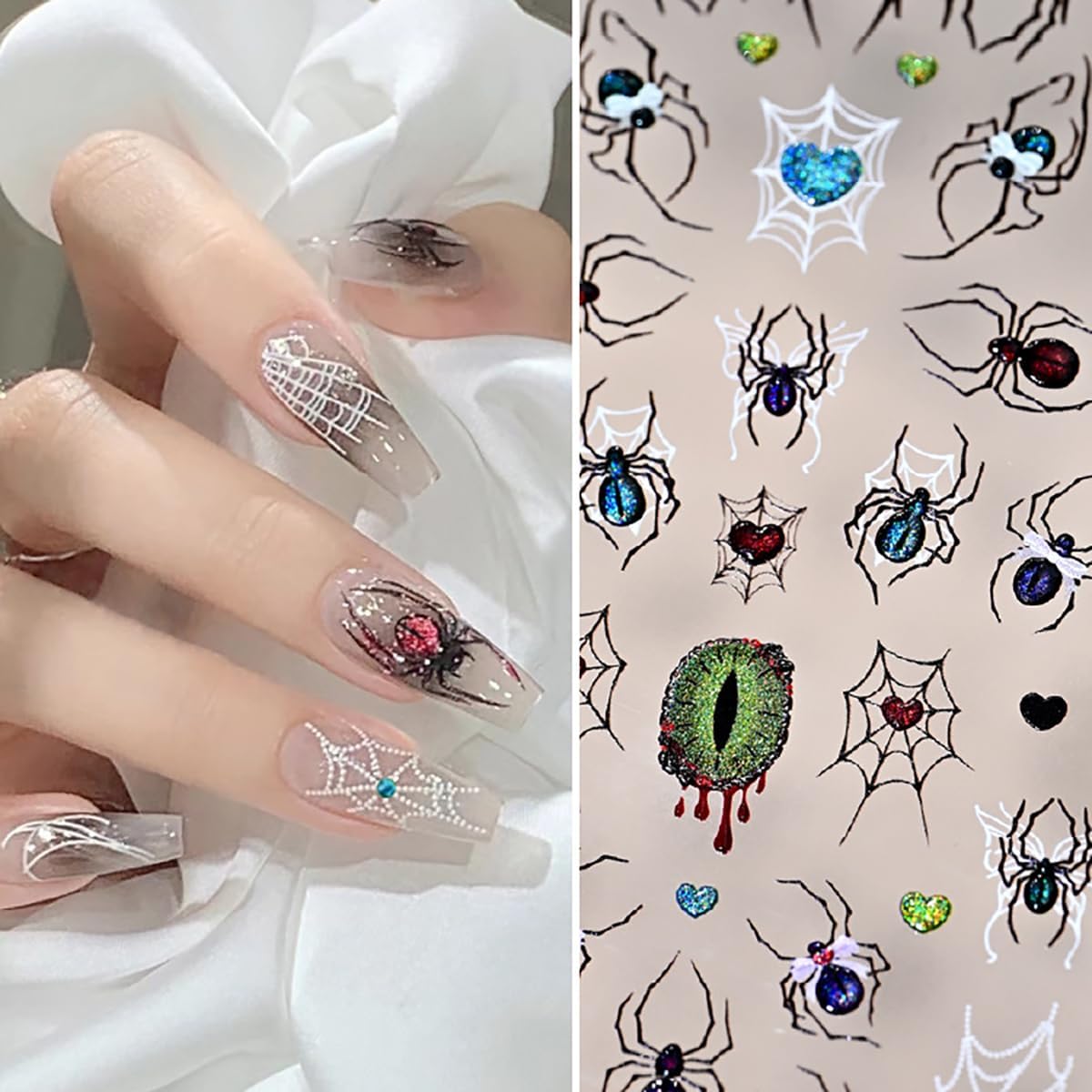 2 Sheets Halloween Nail Art Stickers Decals 5D Embossed Spider Web Nail Decals Glitter Spider Eyes Nail Design Stickers Gothic Halloween Nail Art Supplies for Women DIY Manicure Decoration Accessories