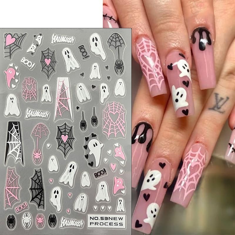 Halloween Nail Stickers Decals 3D Horror Spooky Devil Ghost 3D Self-Adhesive Nail Designs Gothic Ghost Pumpkin Skull Skeleton Halloween Nail Decals for Women Girls DIY Manicure Horror Nail Decoration