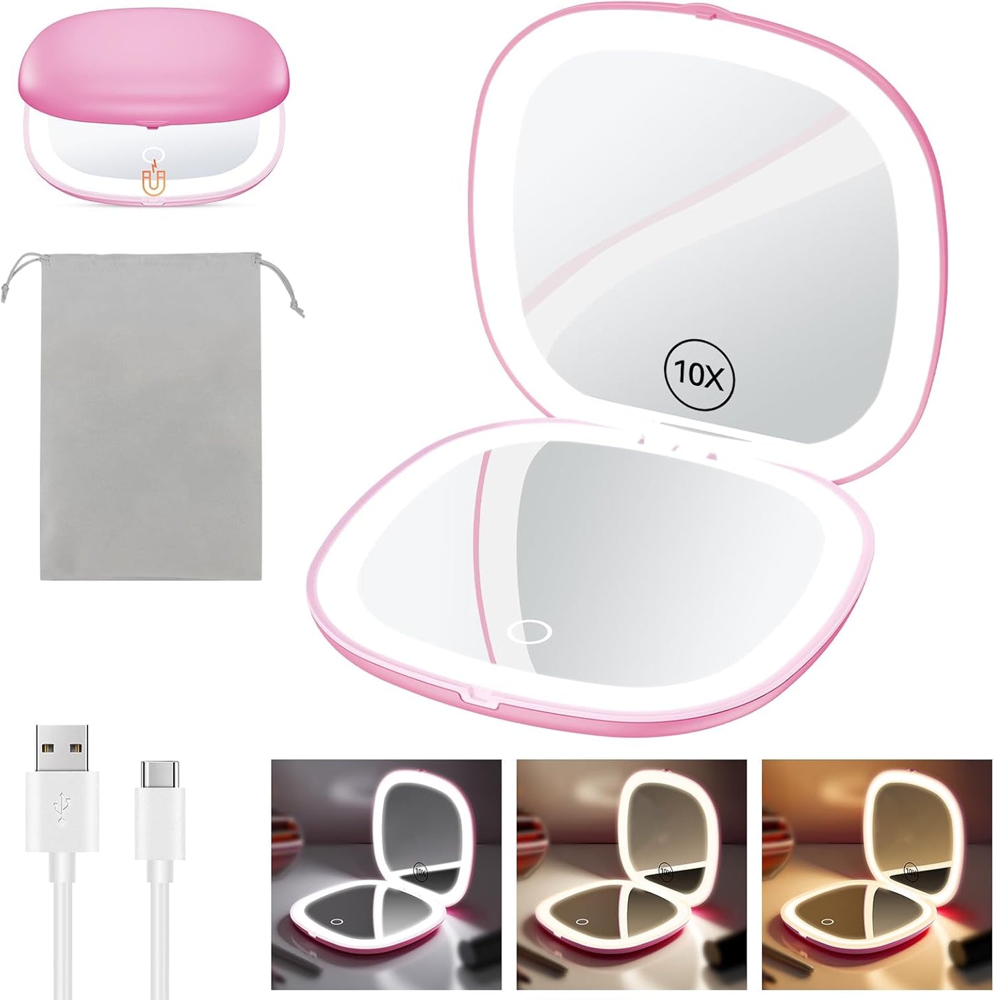 Benbilry 3.9" Rechargeable Compact Makeup Mirror with 3 Light Colors and Magnification 1X / 10X, Double Light Strip Dimmable Small LED Travel Mirror for Purse, Pink