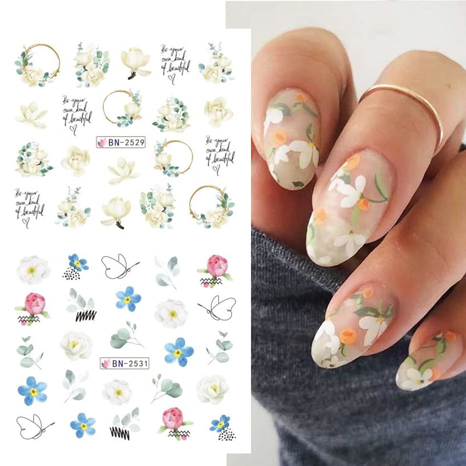 Flower Nail Art Stickers Decals Water Transfer Foils for Nails Art Supplies Spring Summer Tulips Butterfly Floral Design Acrylic Nail Stickers DIY Manicure Nail Decoration for Women 12 Sheets