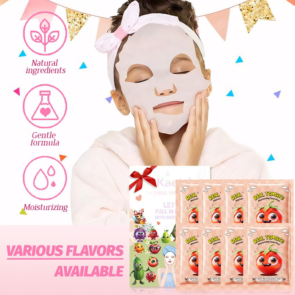 8 Pack Tomato Kids Face Mask,Pink Face Masks Skincare Spa Day Kit Supplies,Spa Party Favors for Teens Girls Women,Sheet Facial Mask Skincare Gifts Set,Moisturize Soothe for All Skin Types
